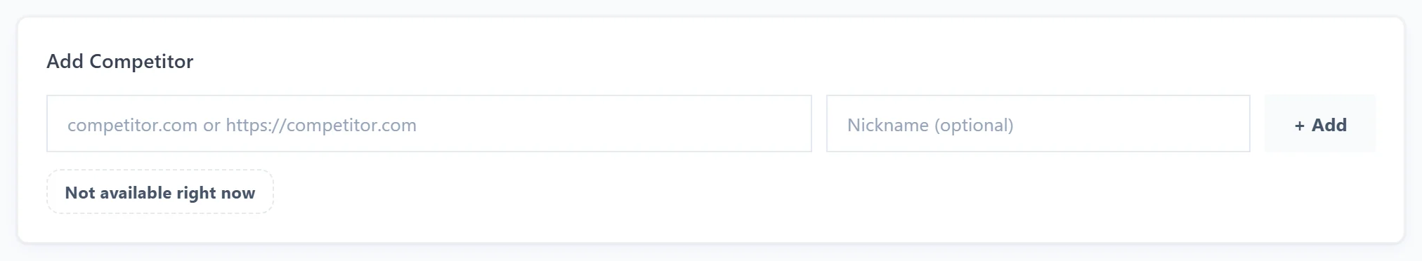The Add Competitor card with the competitor address, an optional nickname and Add