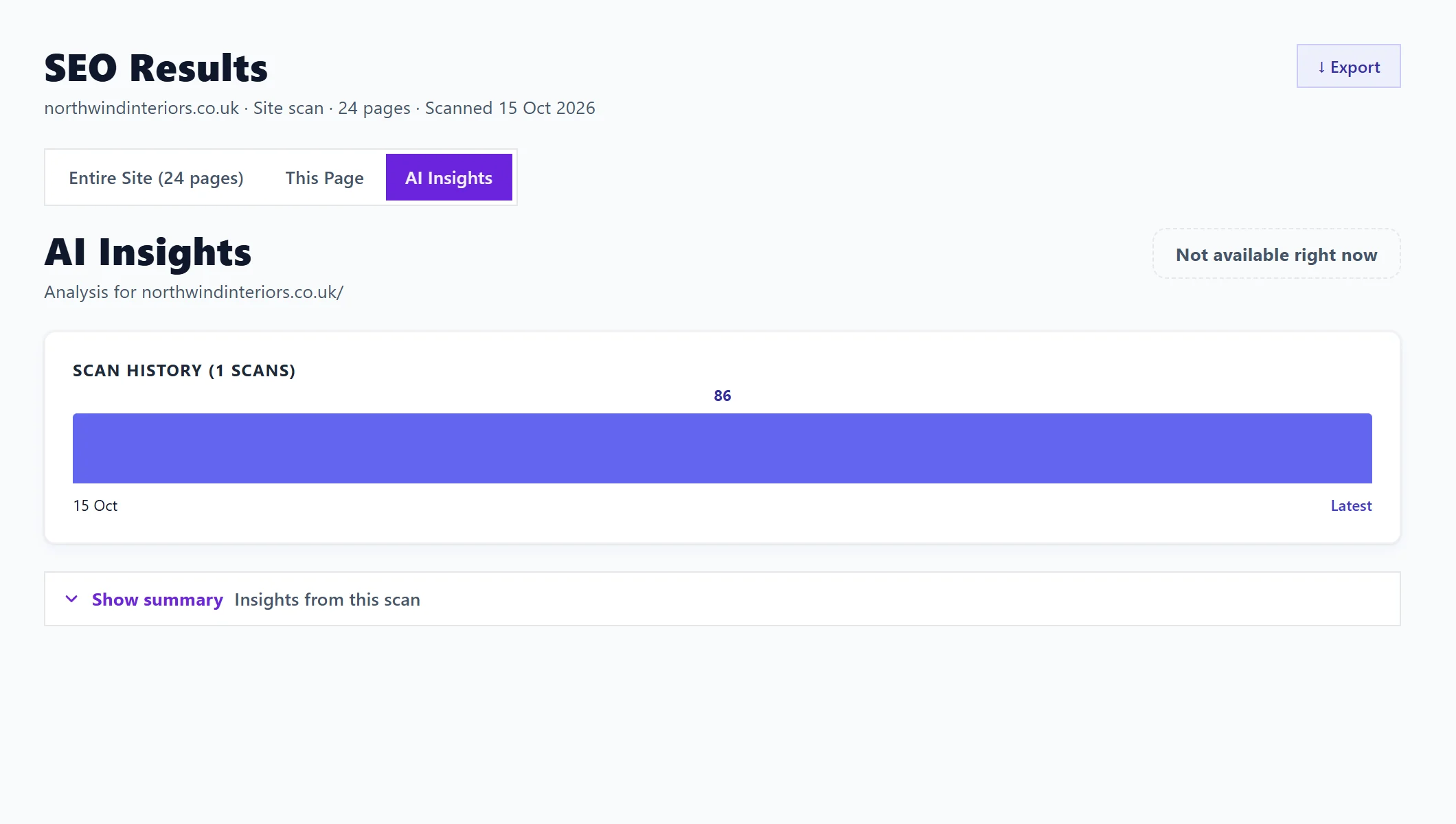 The AI Insights tab with the scan history chart and Show summary
