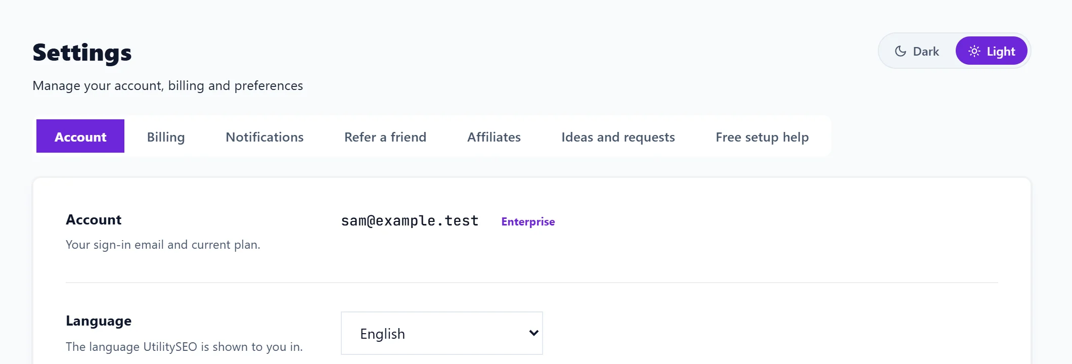 Settings, Account with the Language choice, and the Dark and Light switch at the top