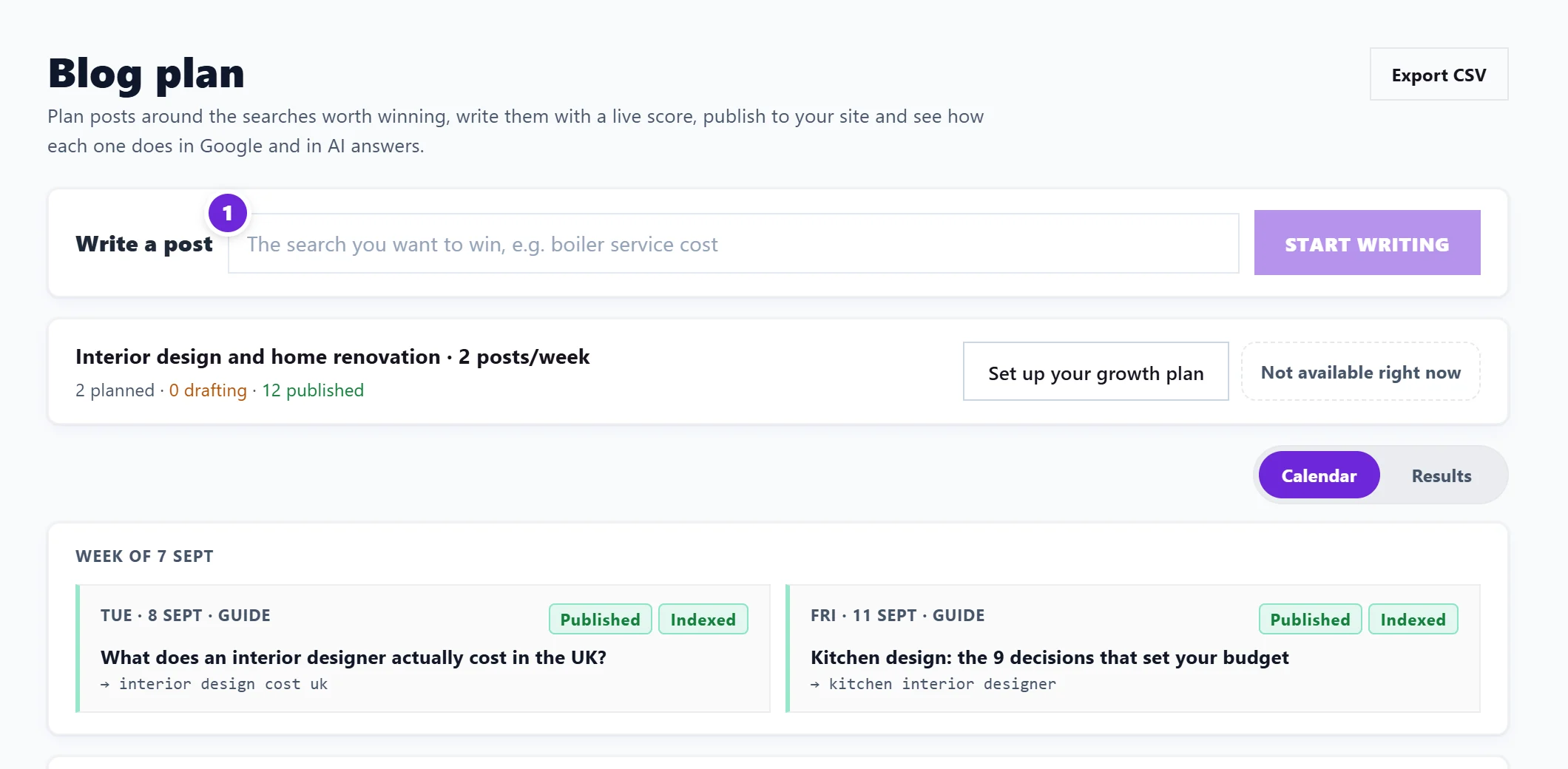 The Blog plan page, with the Write a post box at the top, the growth plan below it and the weekly calendar of posts