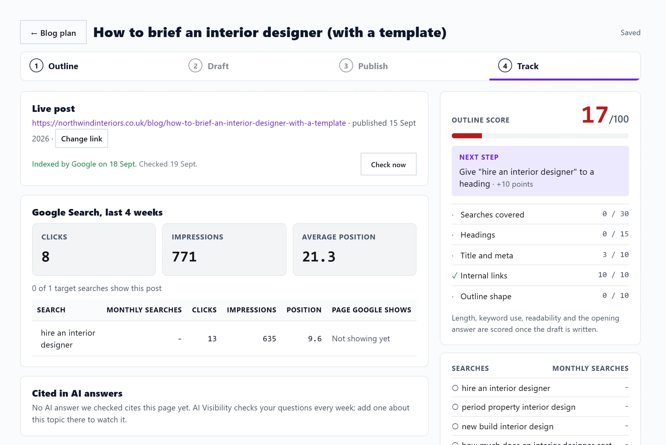 A published post on the Track step: the live address, Google clicks and impressions over the last 4 weeks, and the outline score with the next step to improve it