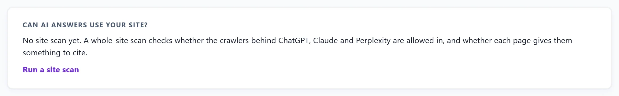 The Can AI answers use your site? panel, which asks for a site scan before it can check