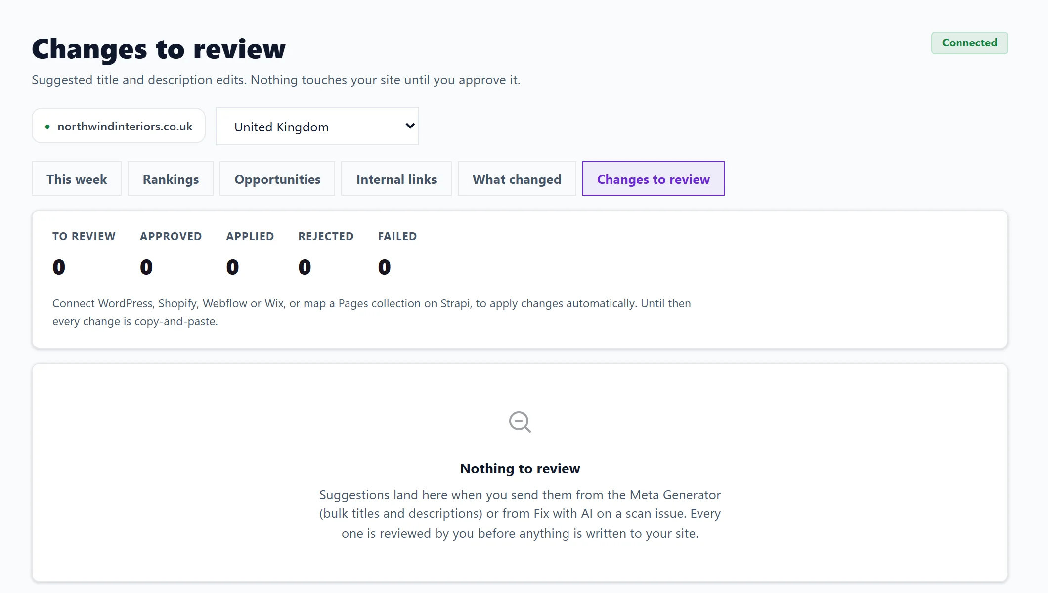 Changes to review: counts to review, approved, applied, rejected and failed, and the list of suggested changes