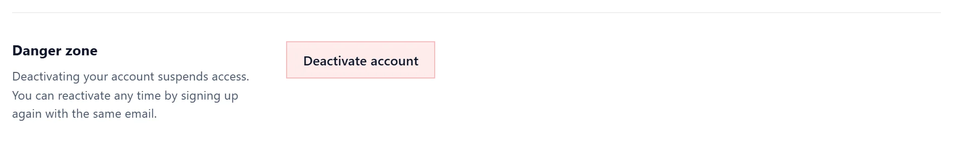 The Danger zone in Settings, Account, with Deactivate account