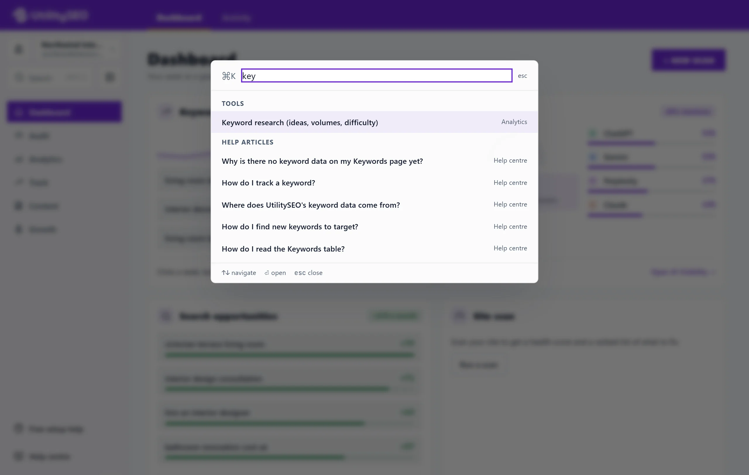The command palette open over the app, with a search typed and matching tools and help articles listed