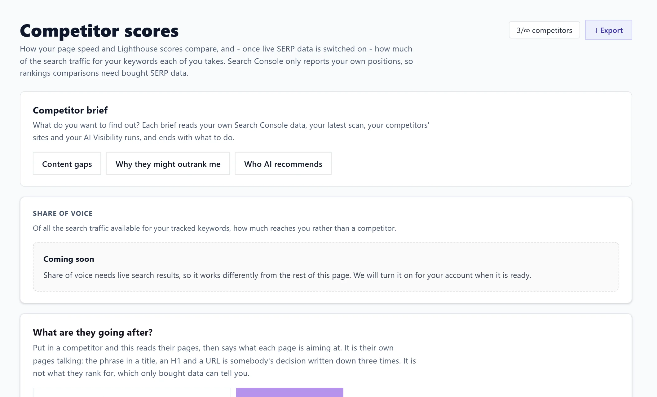Competitor scores: the competitor brief, share of voice and What are they going after?