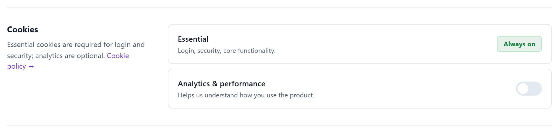 Settings, Account, Cookies: essential cookies always on, analytics with a switch