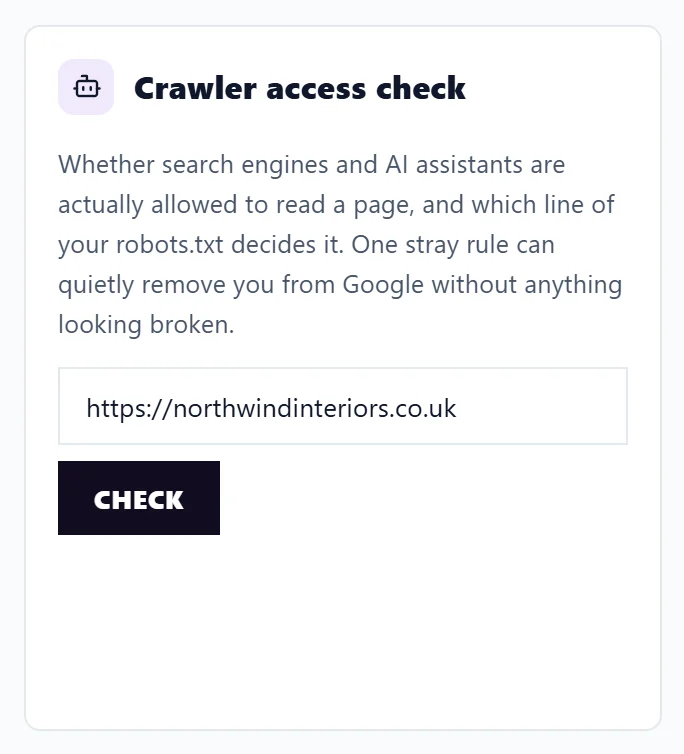 The Crawler access check card with the website address and the Check button