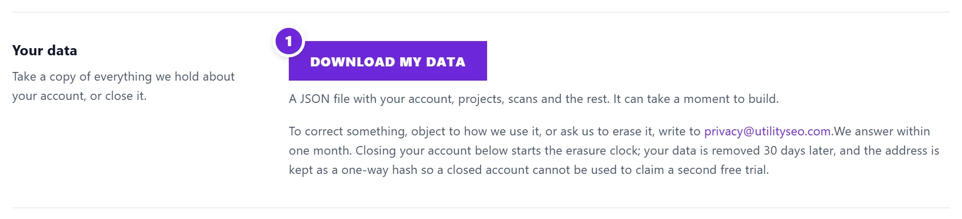 Settings, Account, Your data, with Download my data marked 1