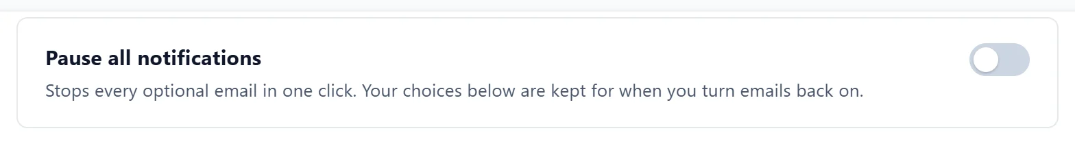 The Pause all notifications switch in Settings, Notifications