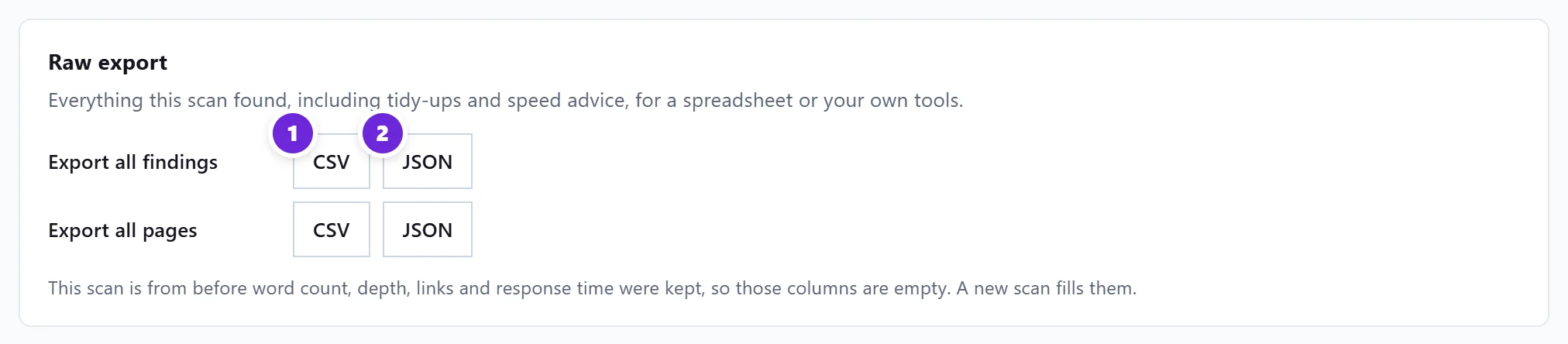 The Raw export card on SEO Results, with CSV (1) and JSON (2) for all findings and all pages