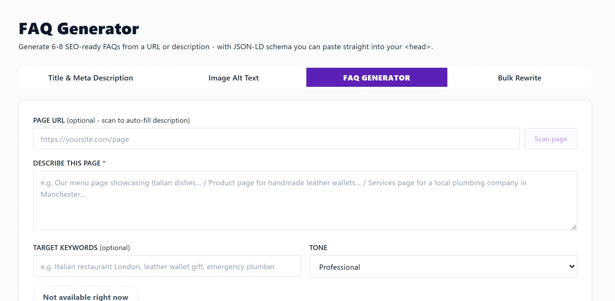 The FAQ Generator tab: the page address, a description, target keywords and tone