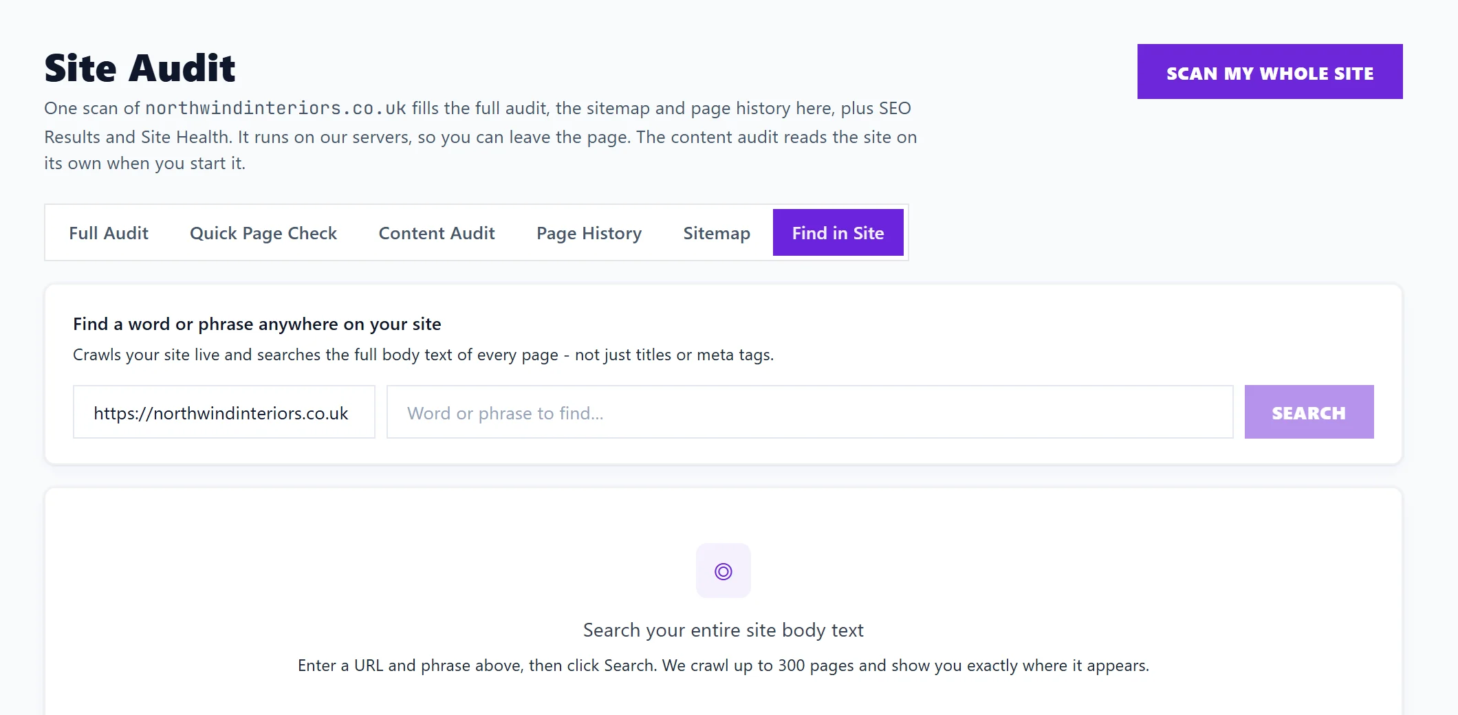 The Find in Site tab: the website address, the word or phrase and Search