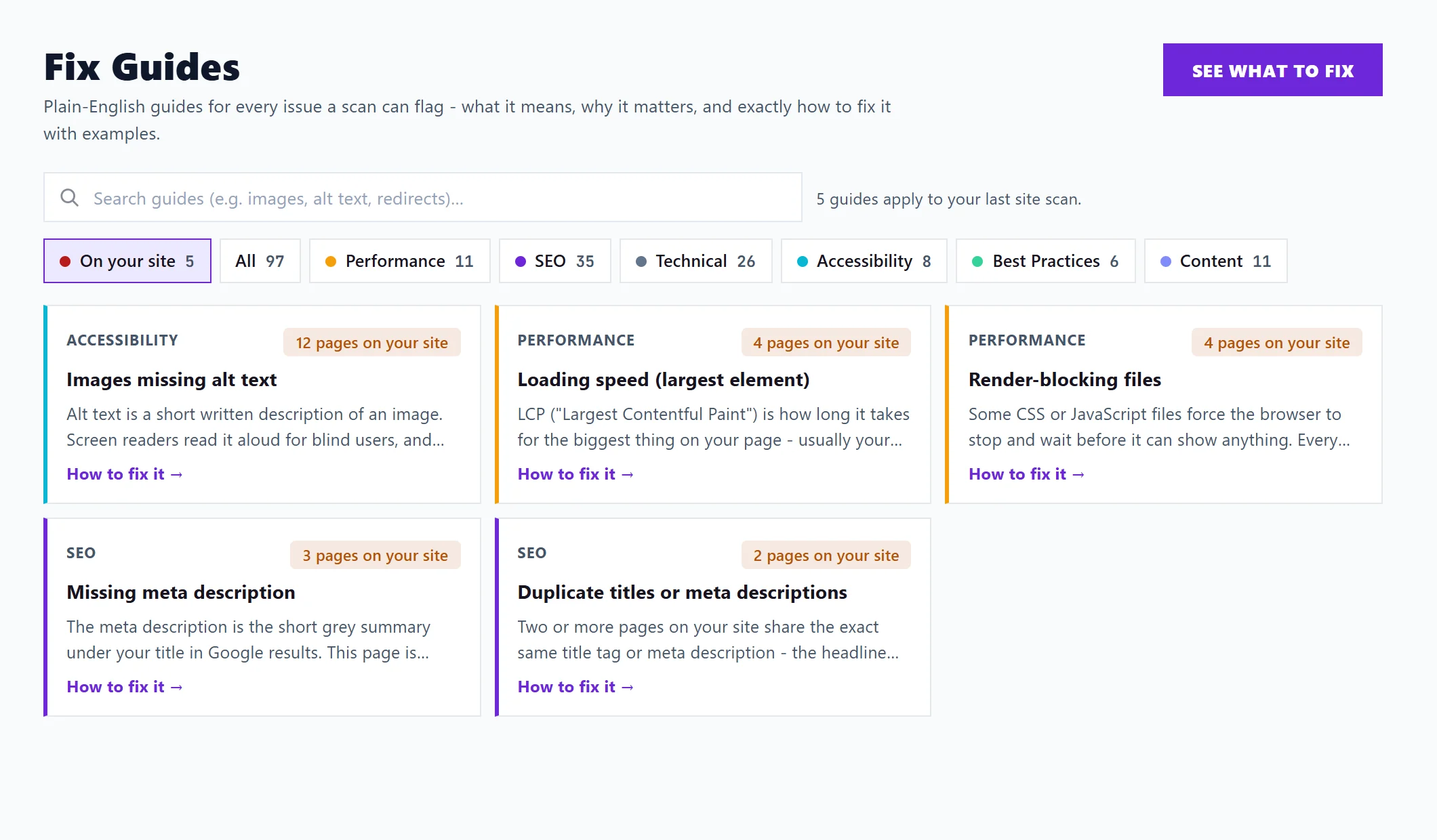 The Fix Guides page with a search box, category filters and a card for each guide
