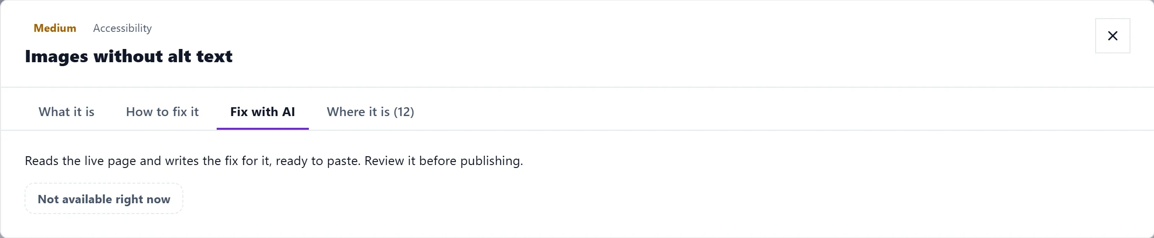 The Fix with AI tab of an open finding, which reads the live page and writes the fix to review