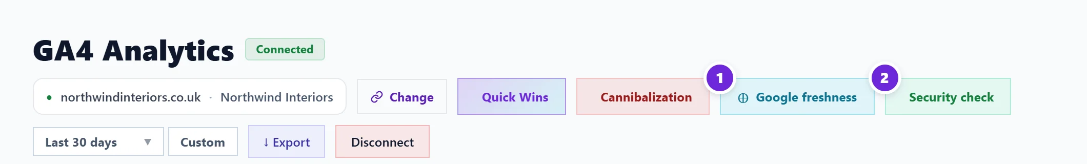 The top of the GA4 page with Quick Wins, Google freshness (1) and Security check (2)