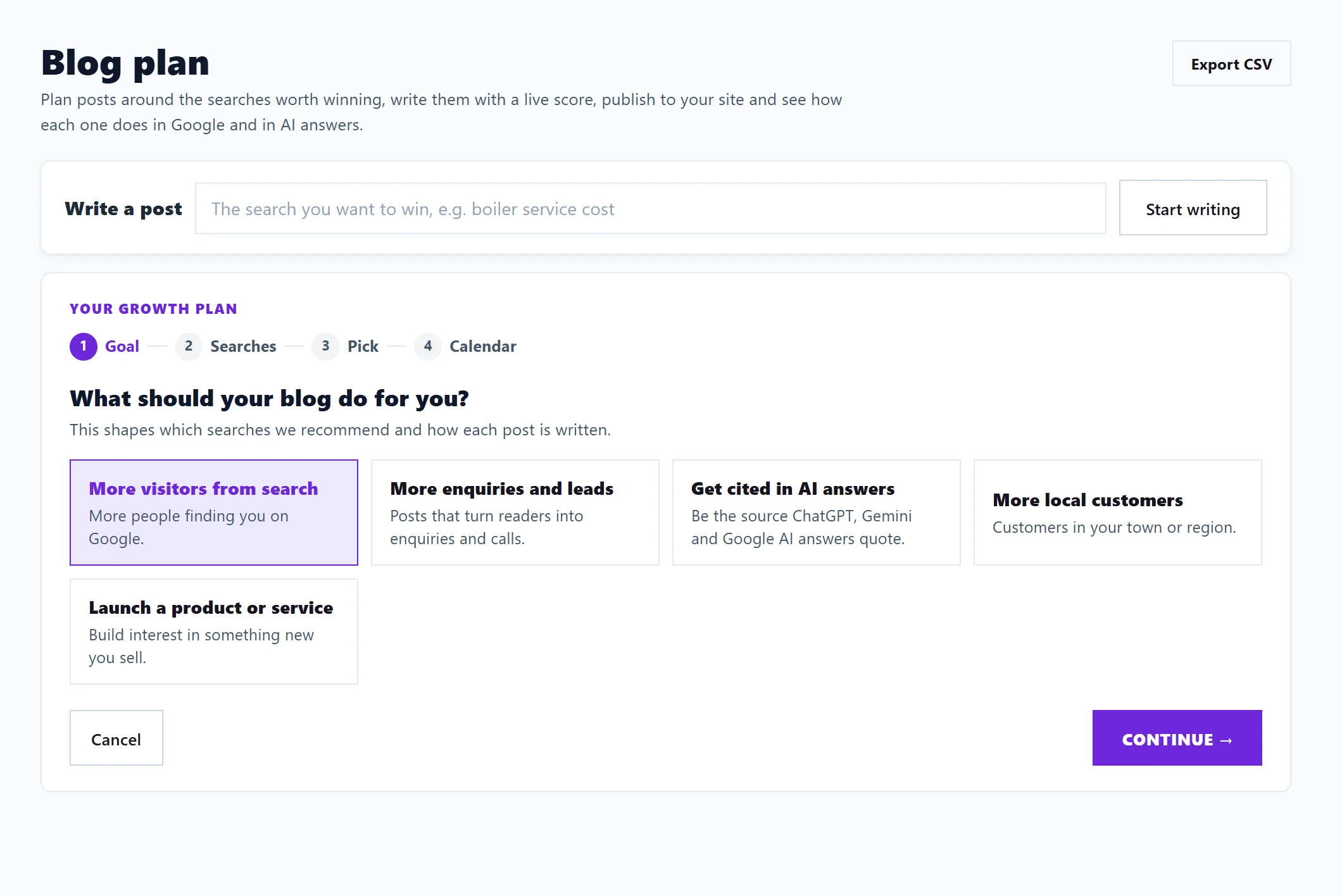 Setting up your growth plan: Goal, Searches, Pick and Calendar, starting with what your blog should do for you