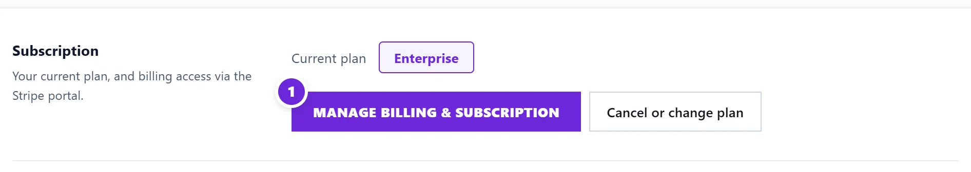 Settings, Billing: your current plan and the Manage billing and subscription button marked 1