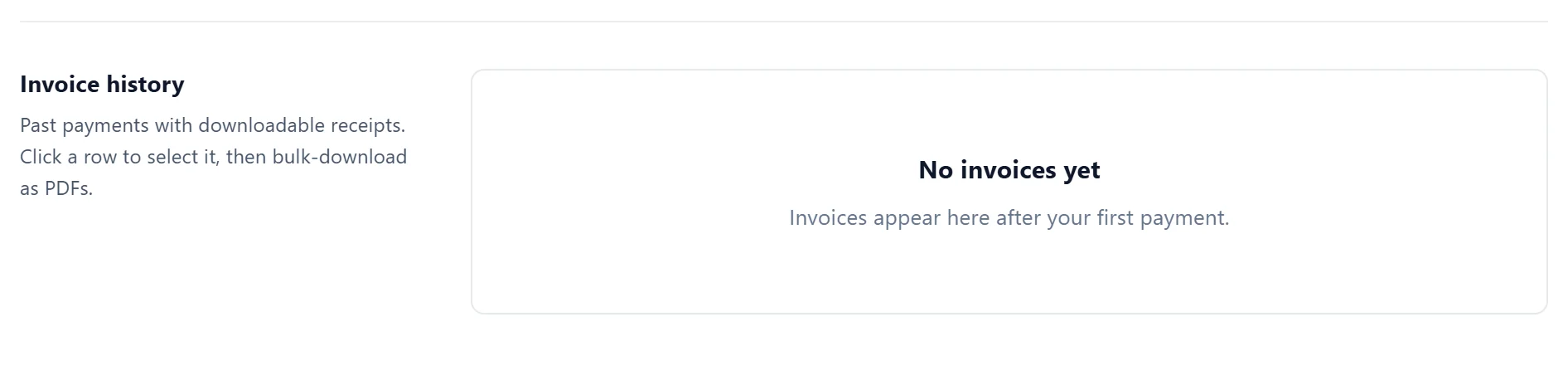 The Invoice history card in Settings, Billing