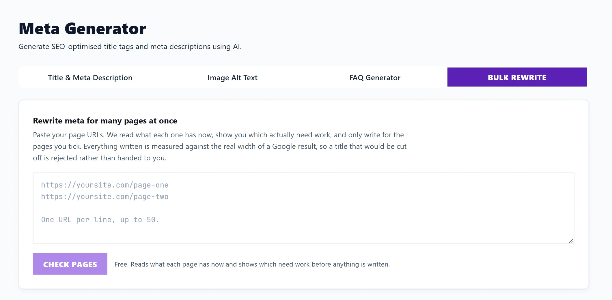 Bulk Rewrite: paste up to 50 page addresses and press Check pages, which is free