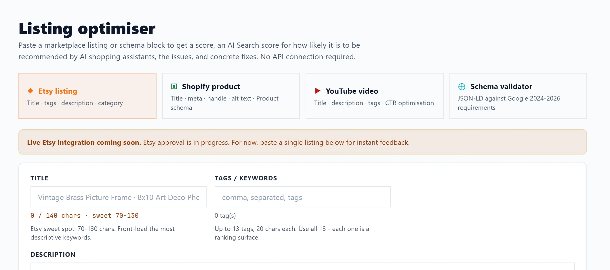 The Listing Optimiser with Etsy listing chosen