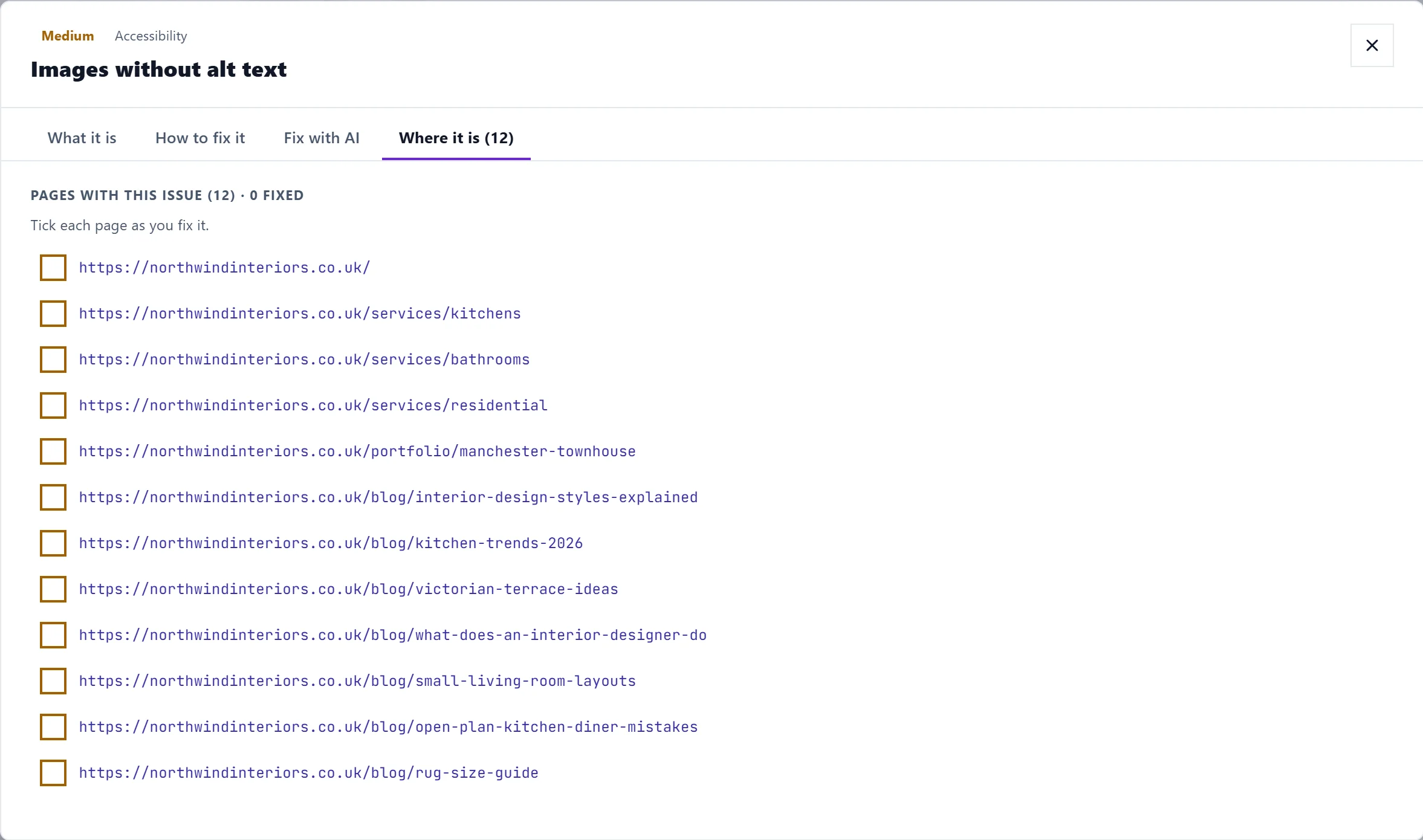 The Where it is tab of a finding, listing each page with a box to tick as you fix it