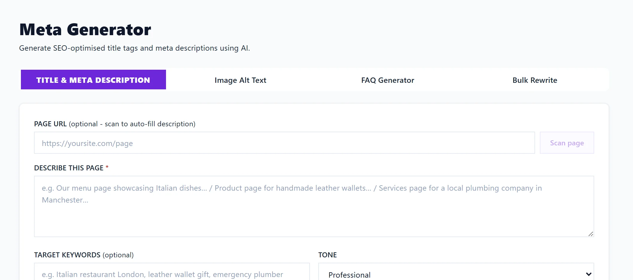 The Meta Generator: the page address, a description of the page, target keywords and tone