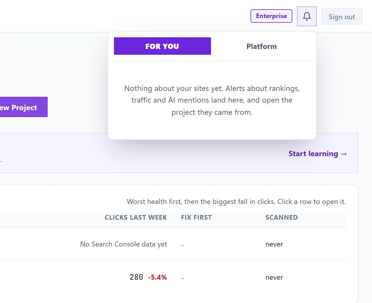 The notification bell open on the Projects screen, with the For you and Platform lists