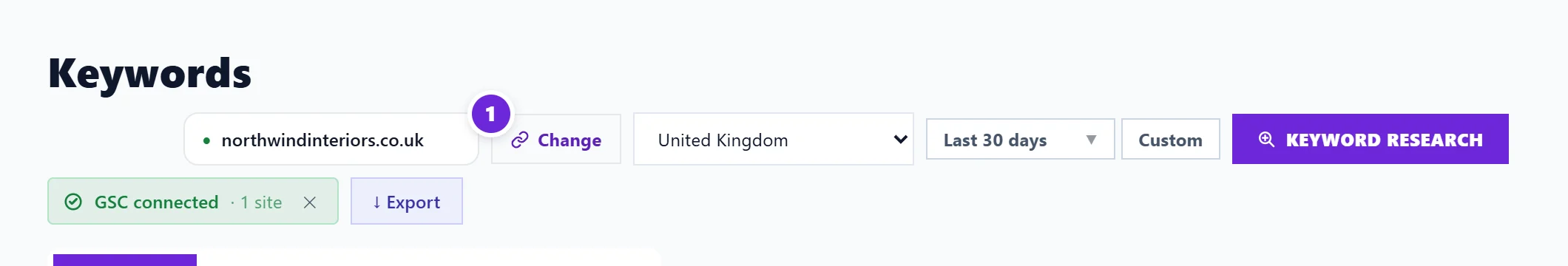 The top of the Keywords page showing the one website the project reads, with Change marked 1