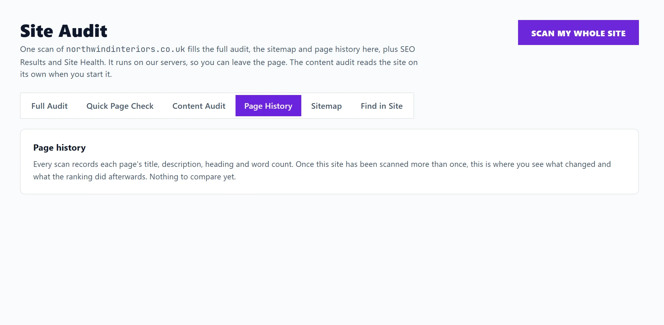The Page History tab, which shows how each page changed between scans