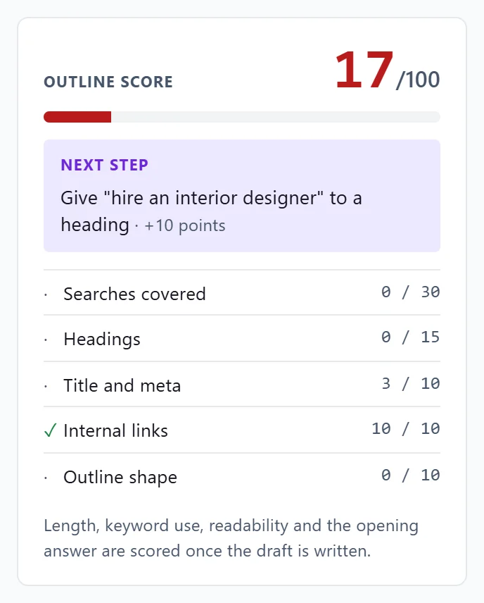 The outline score of 17 out of 100 with the next step to raise it and each part of the score