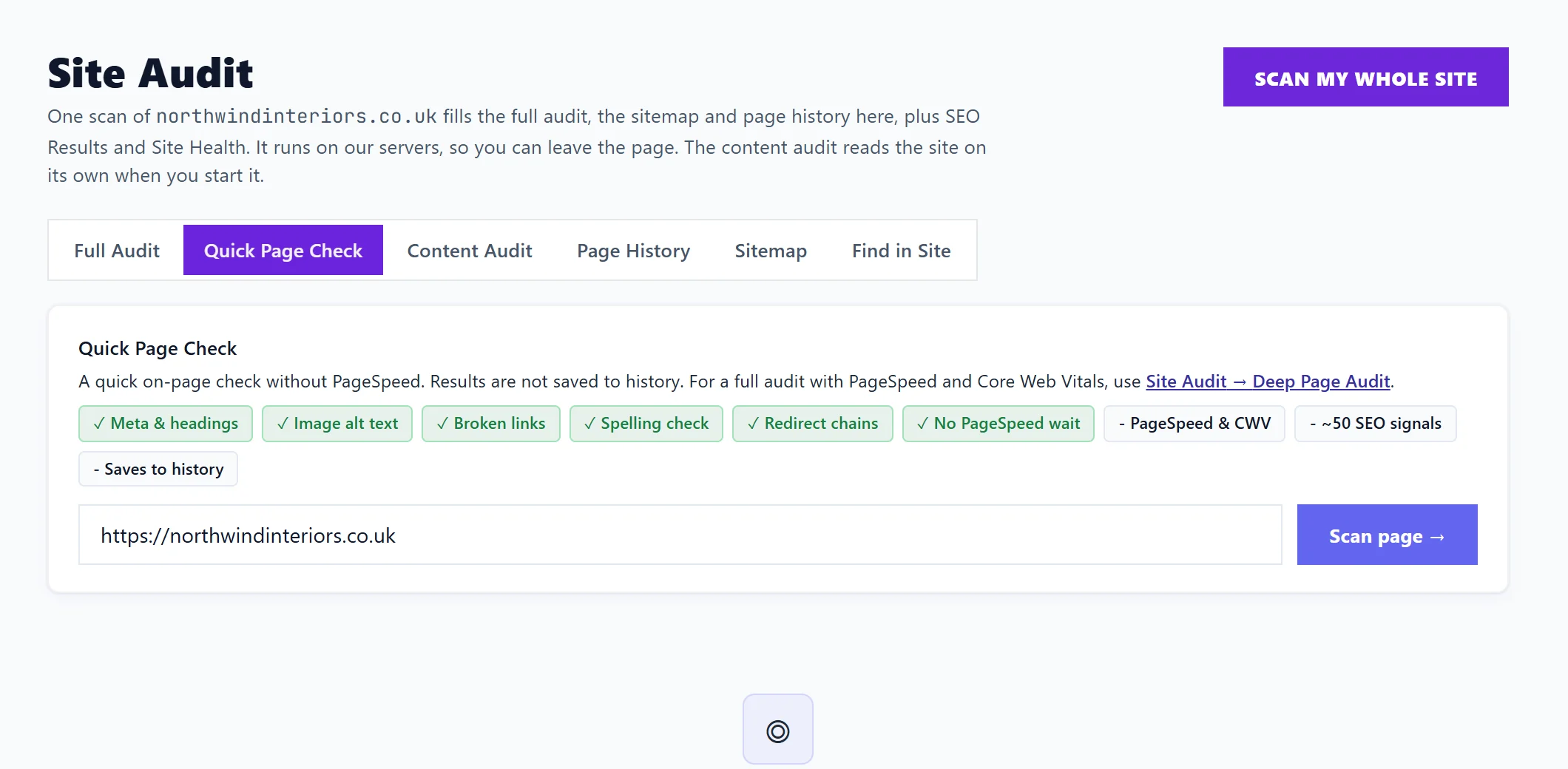 The Quick Page Check tab with what it checks and the page address