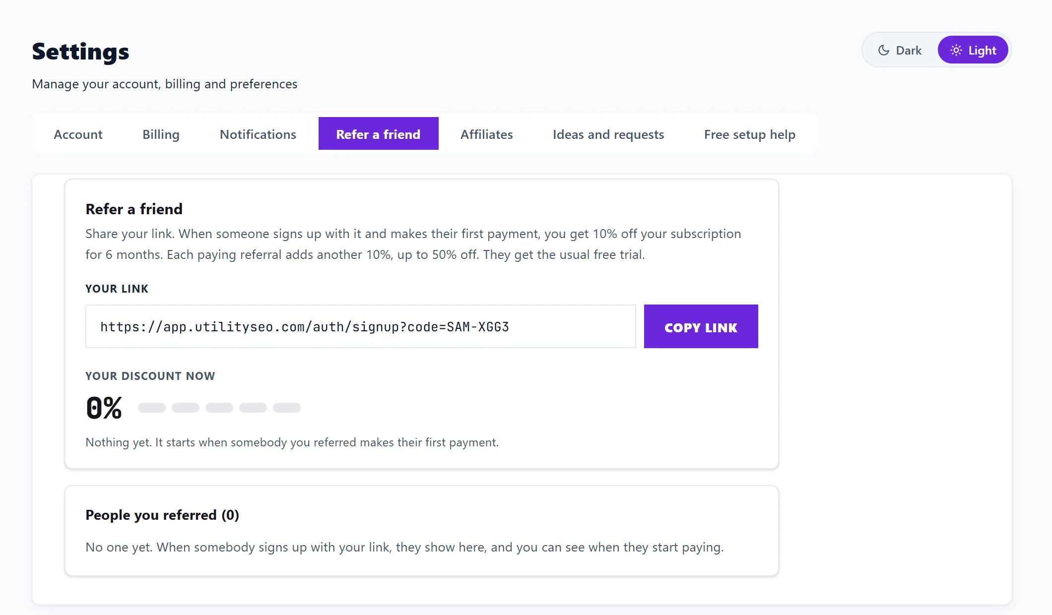 Settings, Refer a friend: your link with Copy link, your discount now and the people you referred