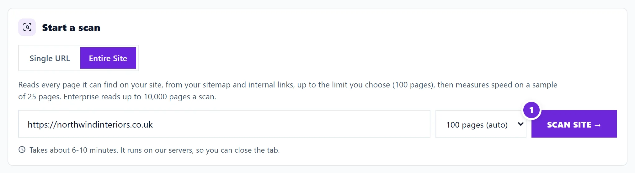 Start a scan with Entire Site chosen: the address, the number of pages and the Scan site button marked 1