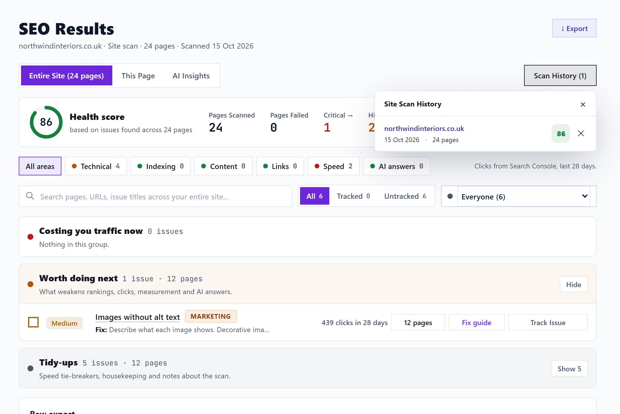 SEO Results with the Site Scan History list open, showing each whole-site scan and its score
