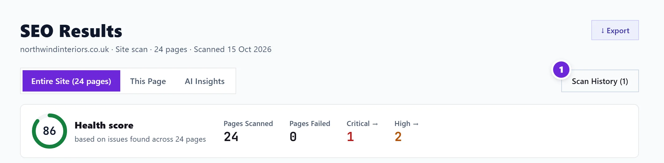 The top of SEO Results with Scan History marked 1