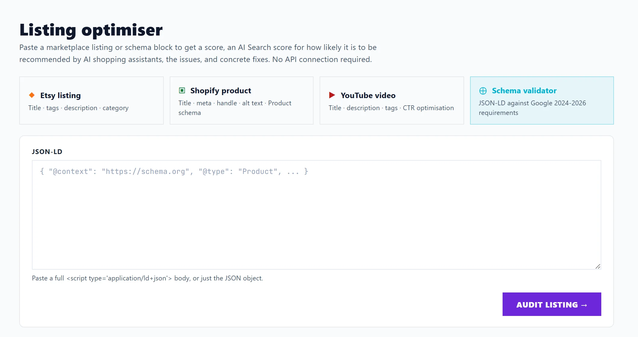 The Listing Optimiser with Schema validator chosen and a box for the JSON-LD