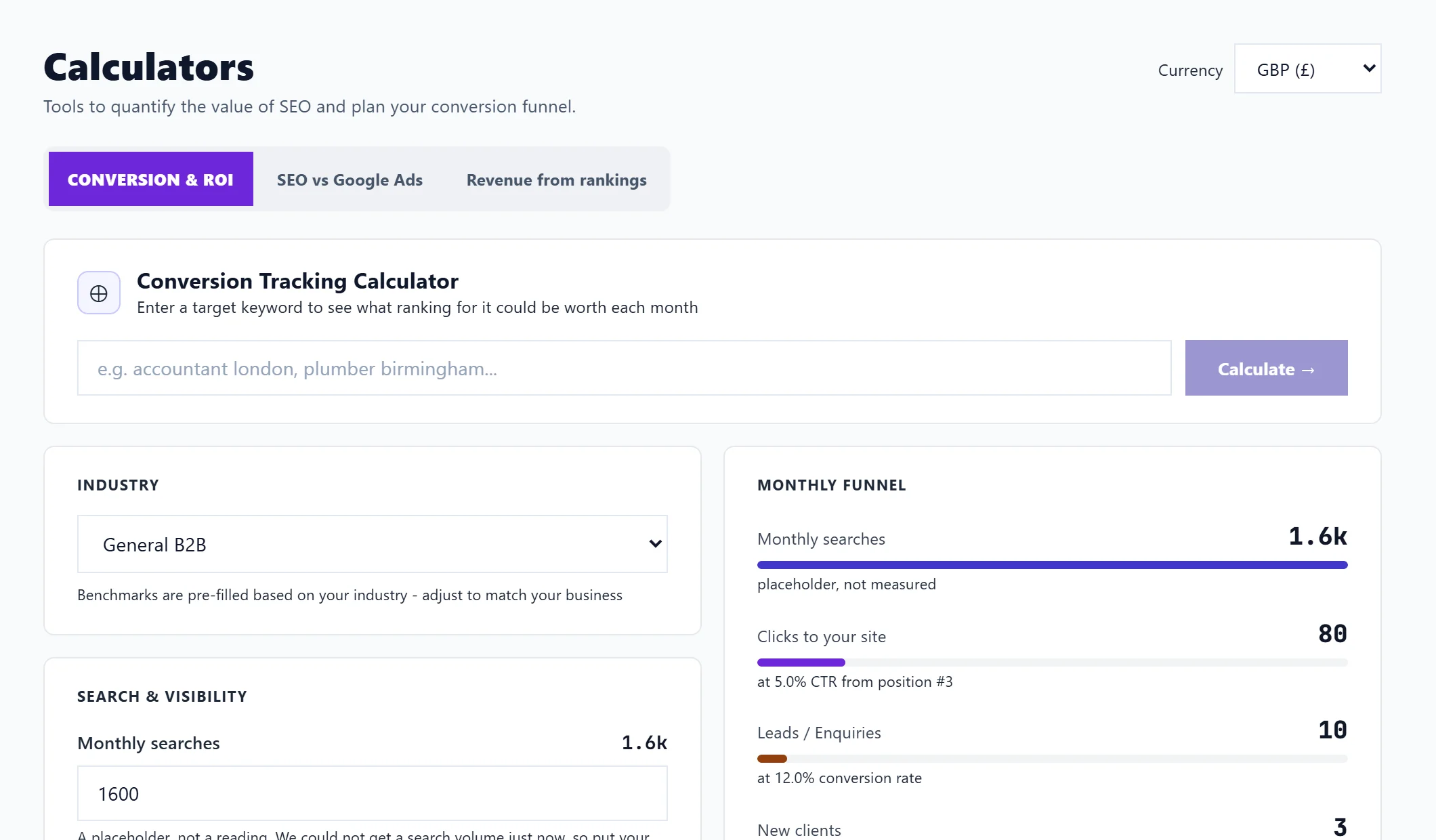 The Calculators page: Conversion and ROI, SEO vs Google Ads, and Revenue from rankings