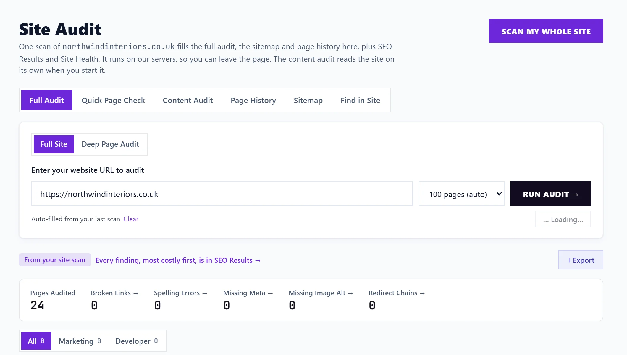 Site Audit on the Full Audit tab: Full Site or Deep Page Audit, the address, how many pages and Run audit, with the figures from your site scan