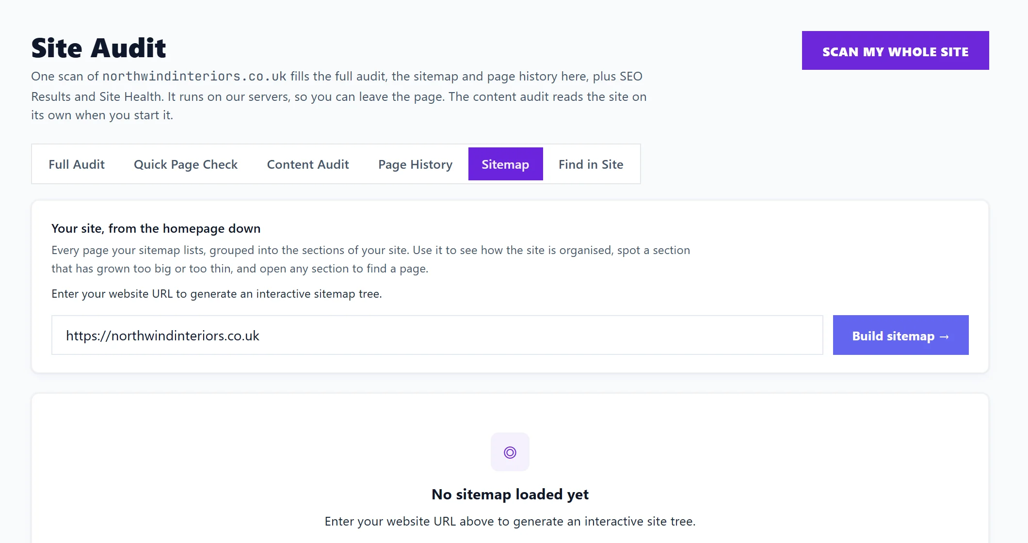 The Sitemap tab of Site Audit with the address and Build sitemap