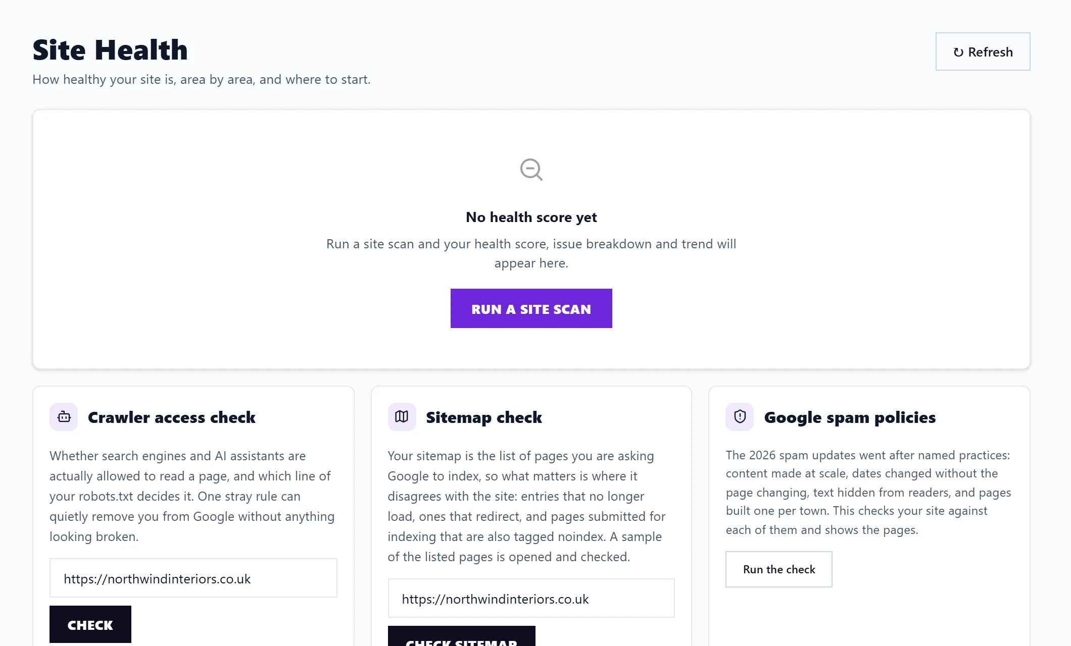 The Site Health page with the health score card and the Crawler access, Sitemap and Google spam policies checks