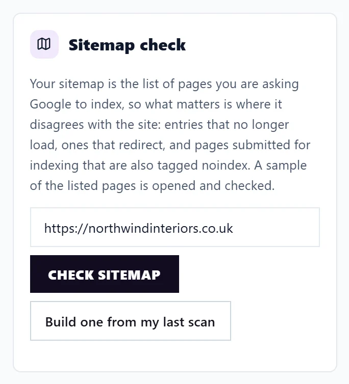 The Sitemap check card with Check sitemap and Build one from my last scan
