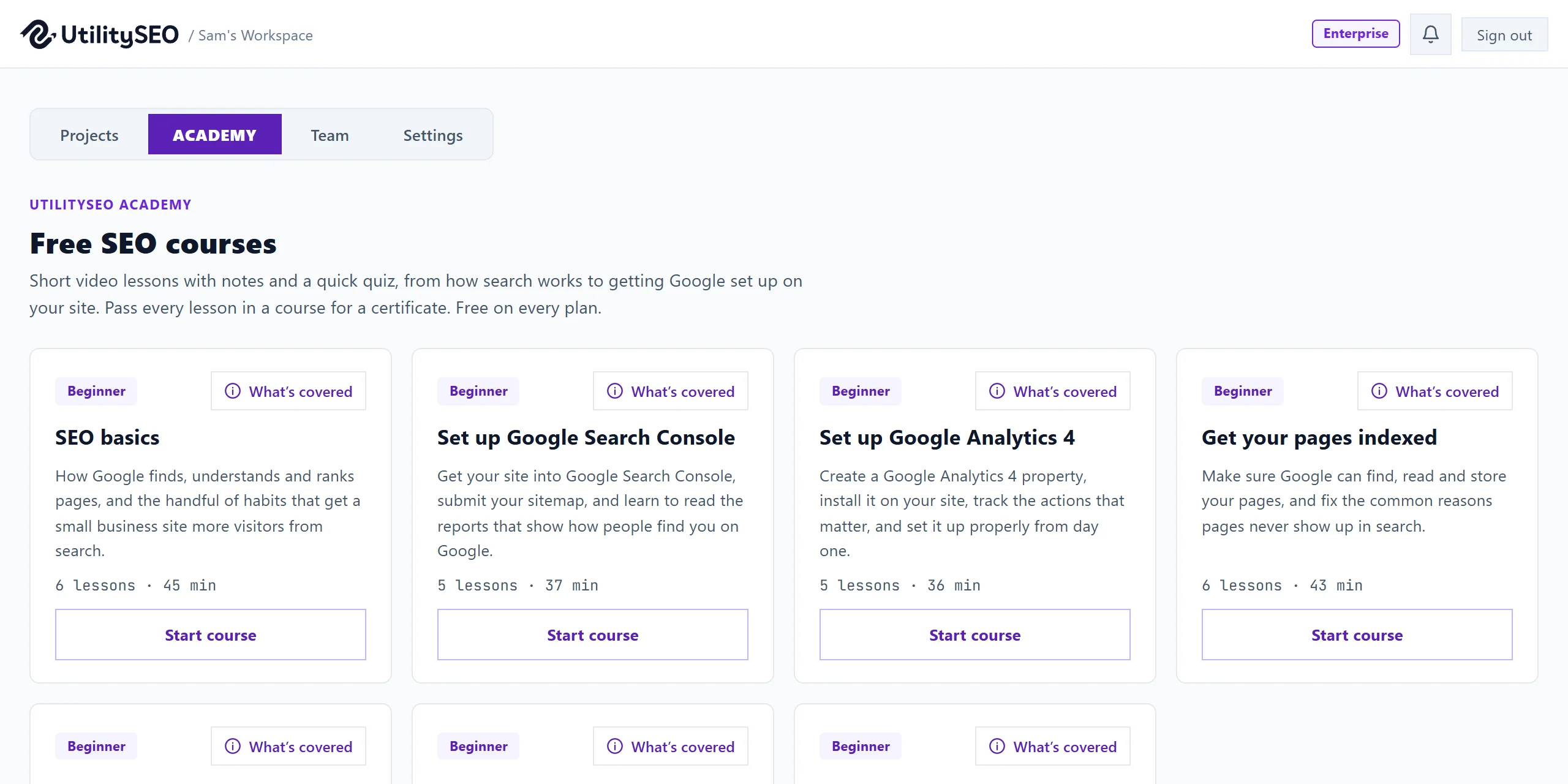 The Academy tab with free courses: SEO basics, Set up Google Search Console, Set up Google Analytics 4 and Get your pages indexed