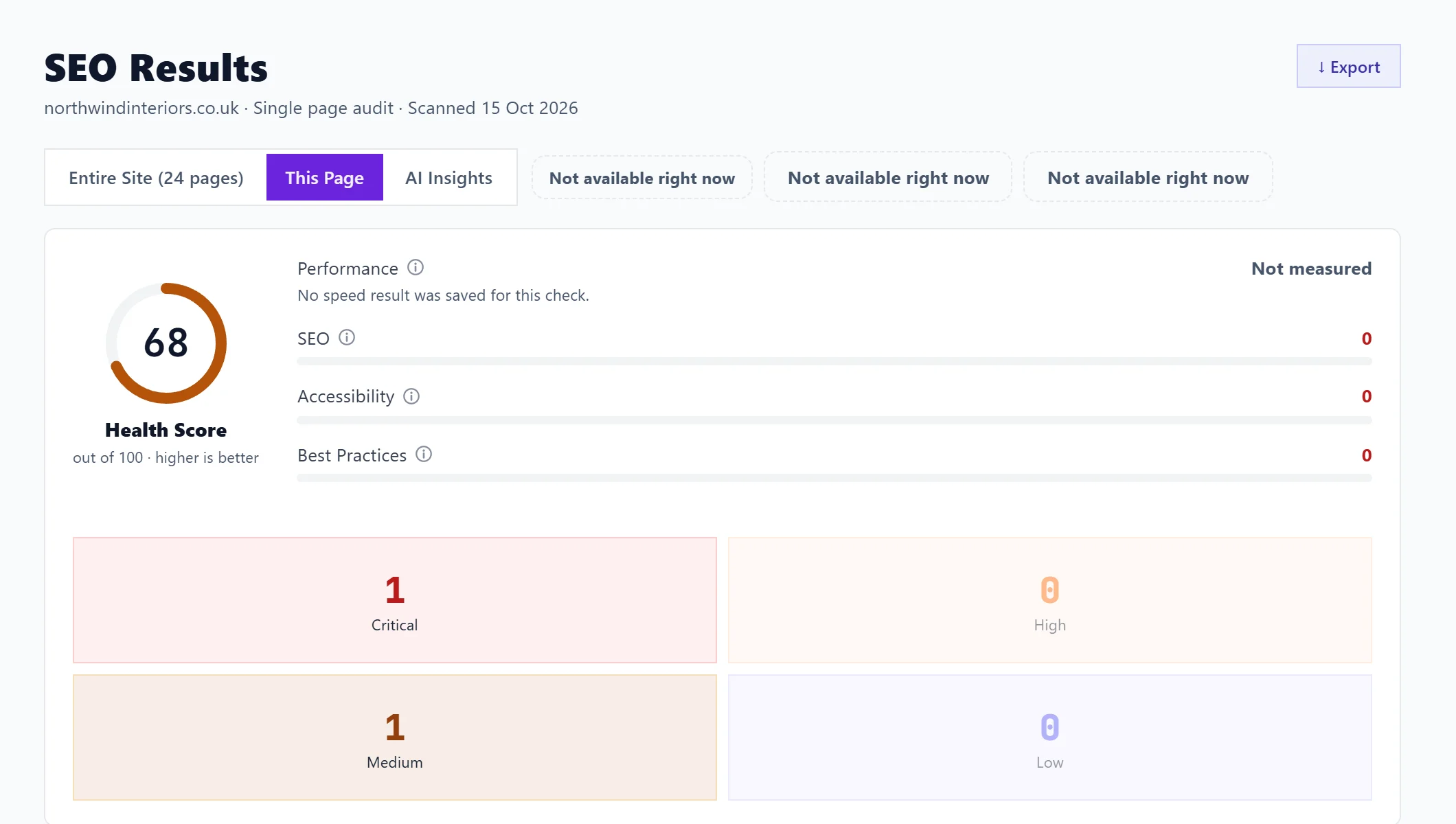 The This Page view: one page health score with performance, SEO, accessibility and best practices, and the issue counts