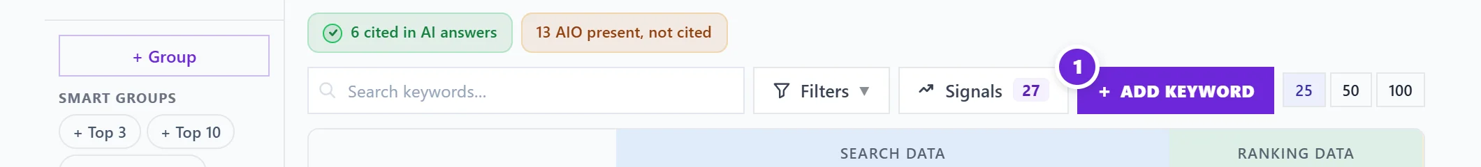 The Add keyword button above the keywords table, marked 1