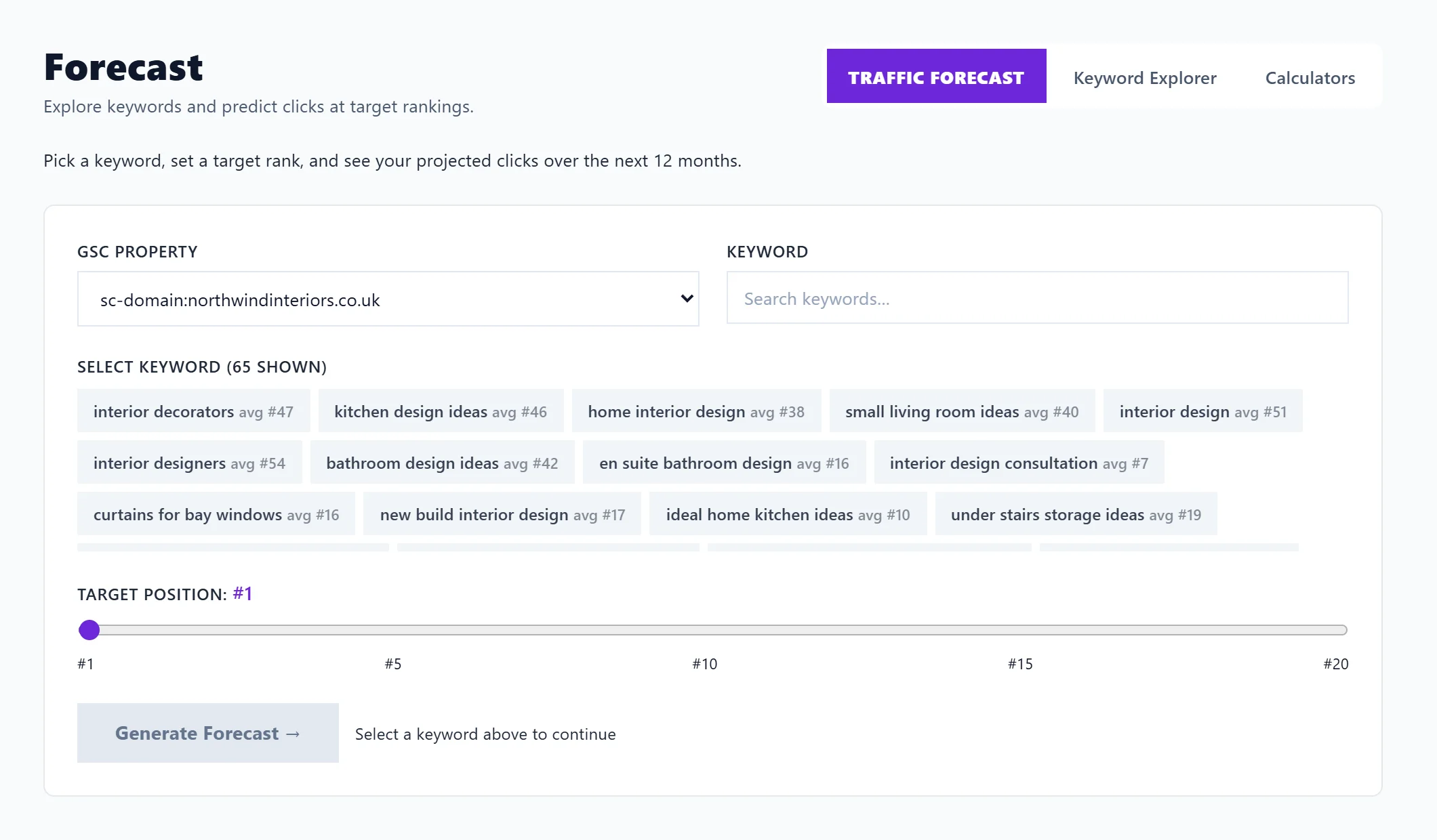 The Forecast page: pick a keyword and a target position to see the clicks it could bring