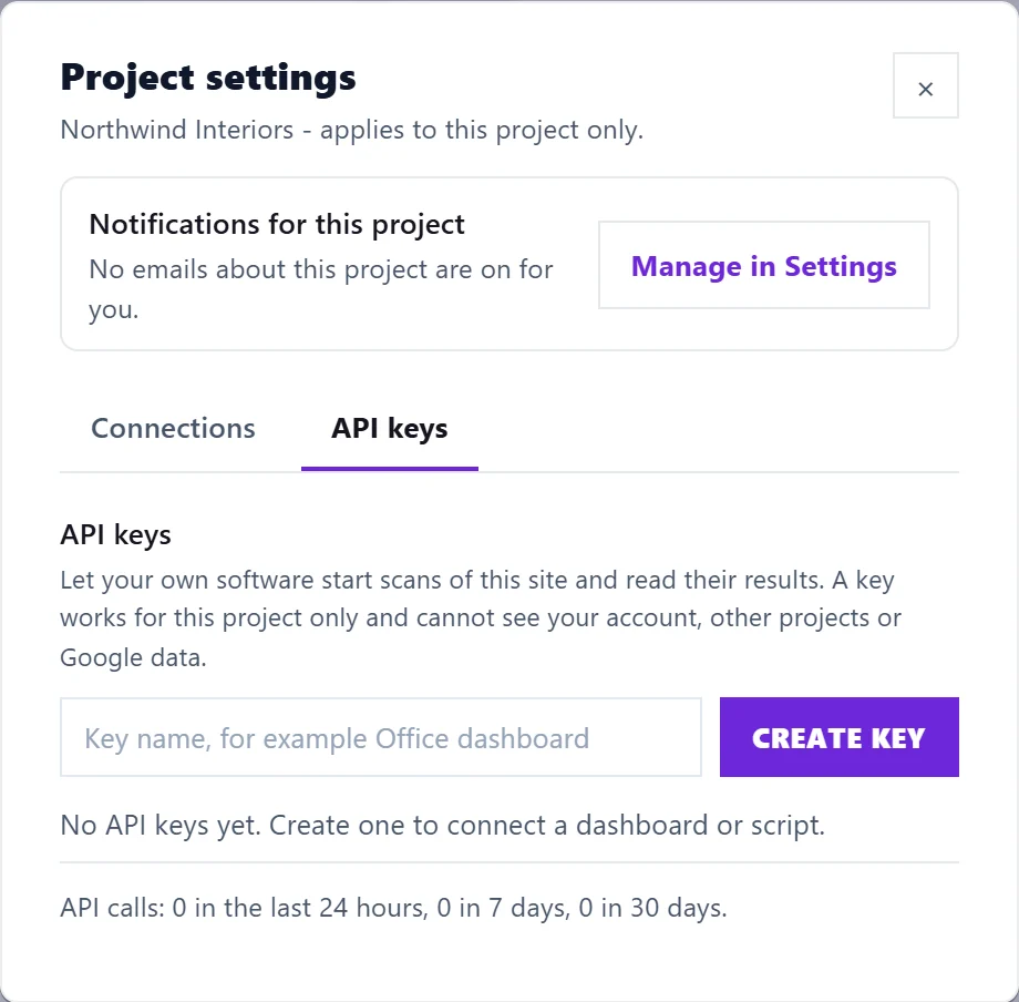 Project settings, API keys with the count of recent API calls