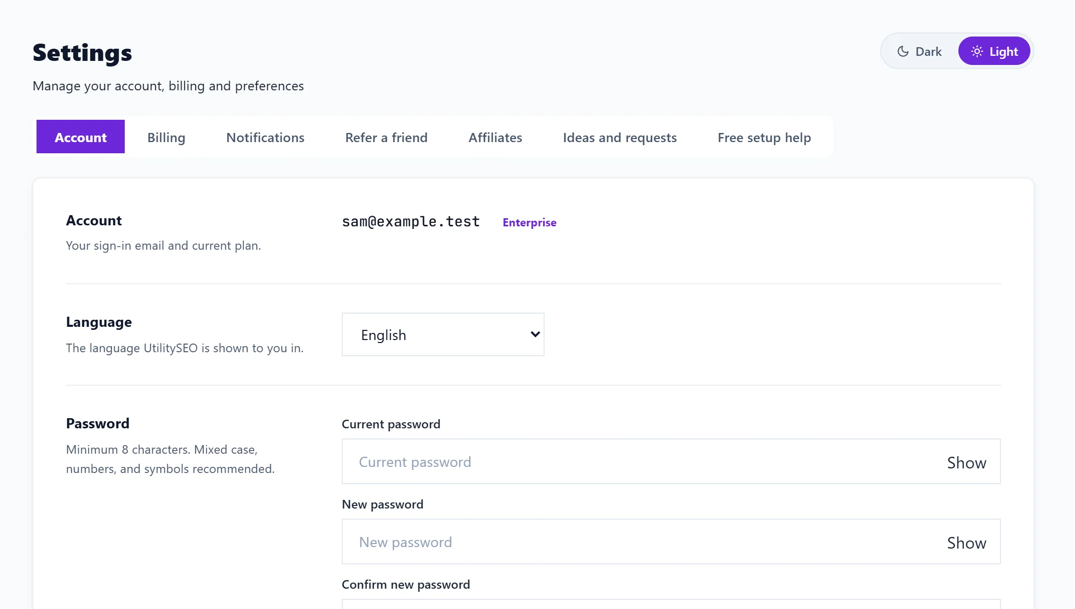 Settings, Account: your sign-in email and plan, language and password