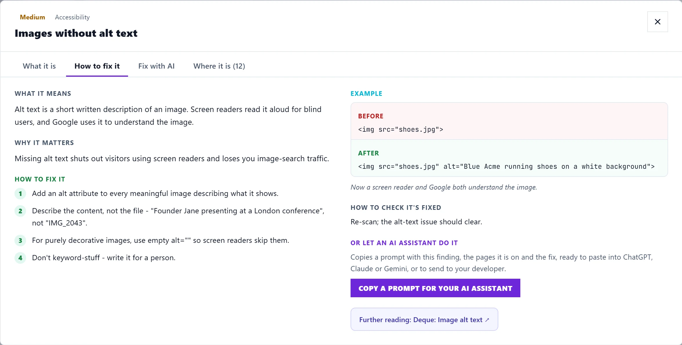 An open finding: what it means, why it matters, how to fix it, an example and how to check it is fixed