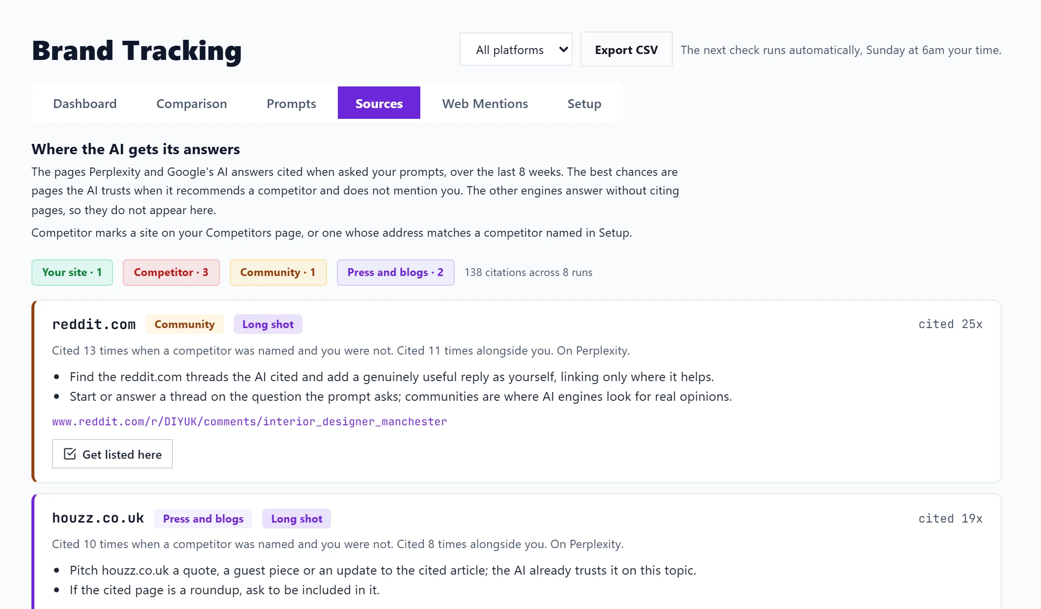 The Sources tab: the sites AI answers cite, each labelled as your site, a competitor, community or press, with what to do about it